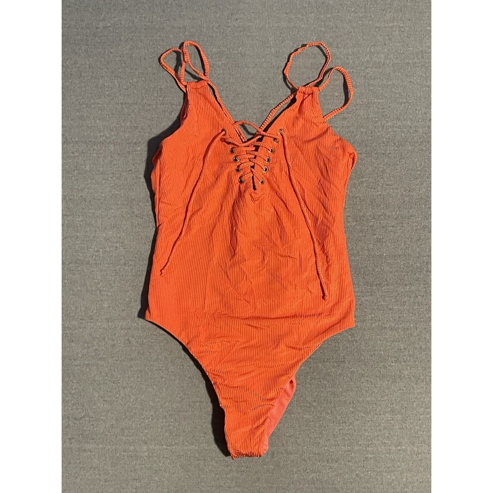 Hula Honey One Piece Swimsuit Large Orange Ribbed Lace Up Front Strappy Swim